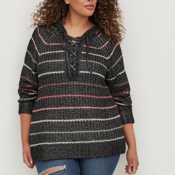 Torrid Chunky Pullover Hooded Striped Raglan Sweater - Picture 1 of 13